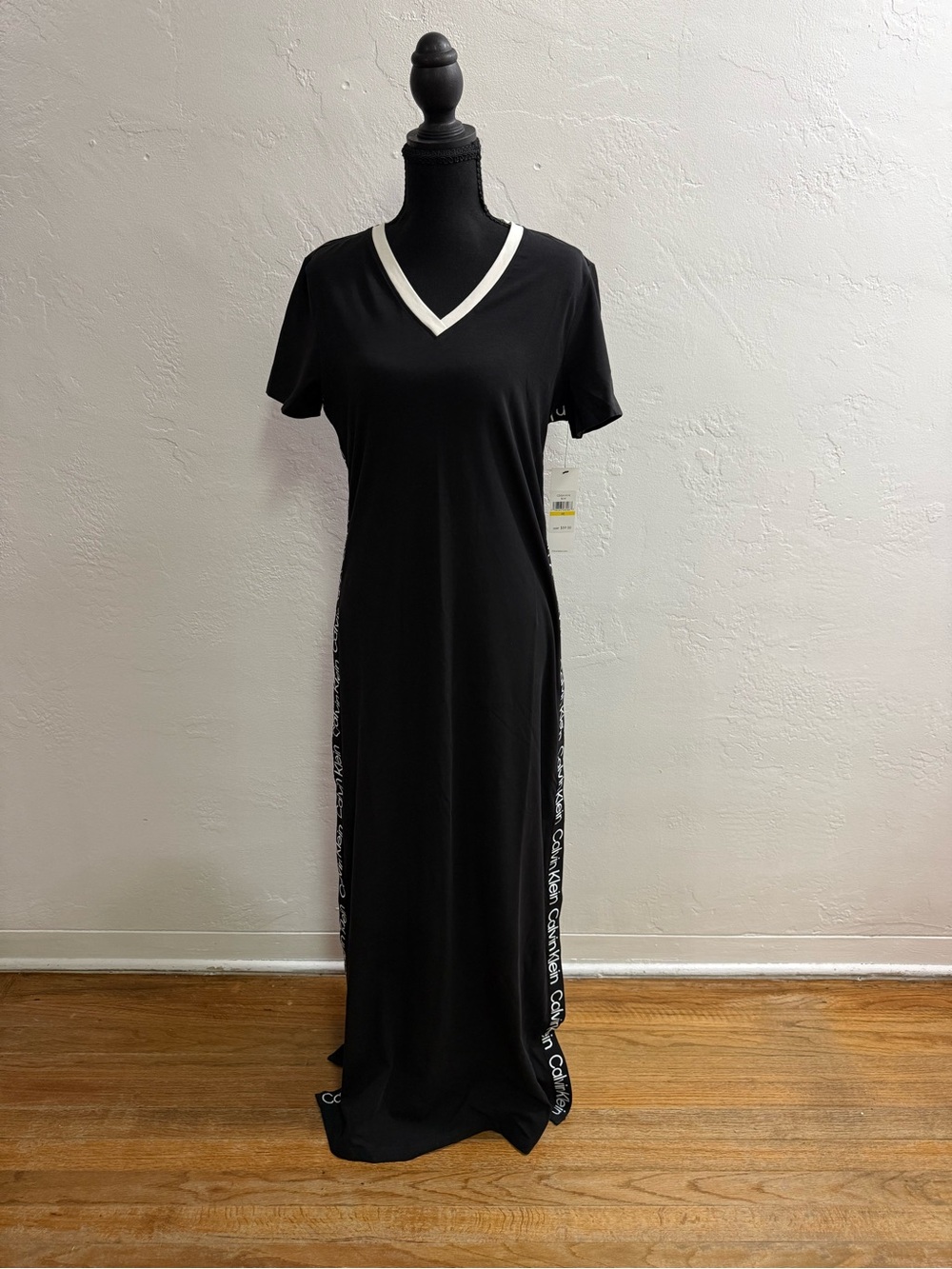Calvin Klein Black Maxi Dress with White V-Neck and Logo Tape - Picture 3 of 3